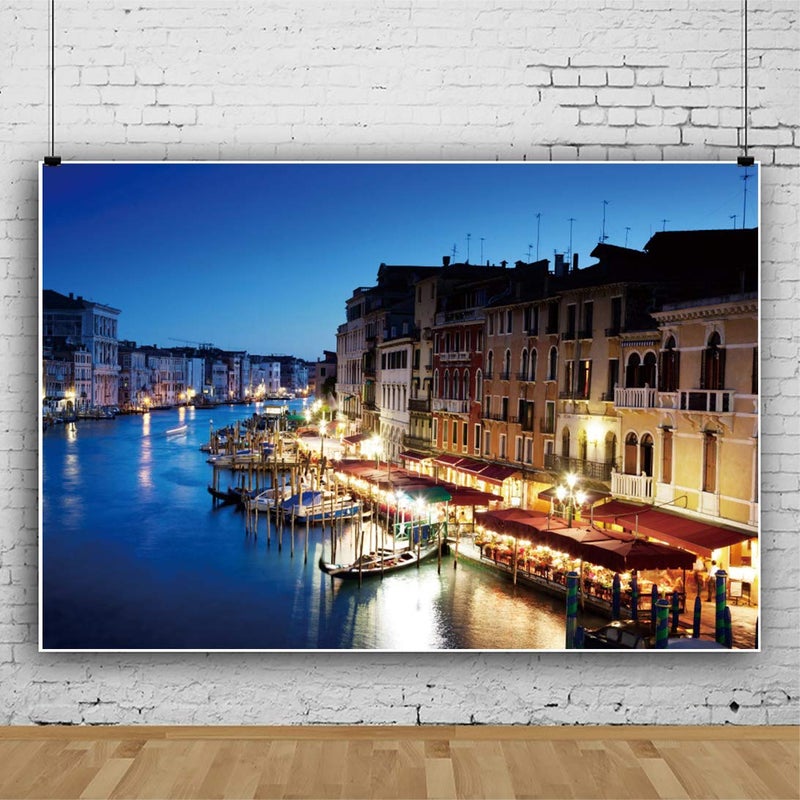 AOFOTO 9x6ft Italy Nightscape Venice Grand Canal Backdrop Europe Travel Water City Night View Lanscape Background Venetian Streets Boats Italian Party Decorations Adult Portrait Photo Shoot Props - Image 2